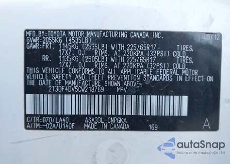 2012 Toyota Rav4 Limited from USA, damaged, VIN 2T3DF4DV5CW218769